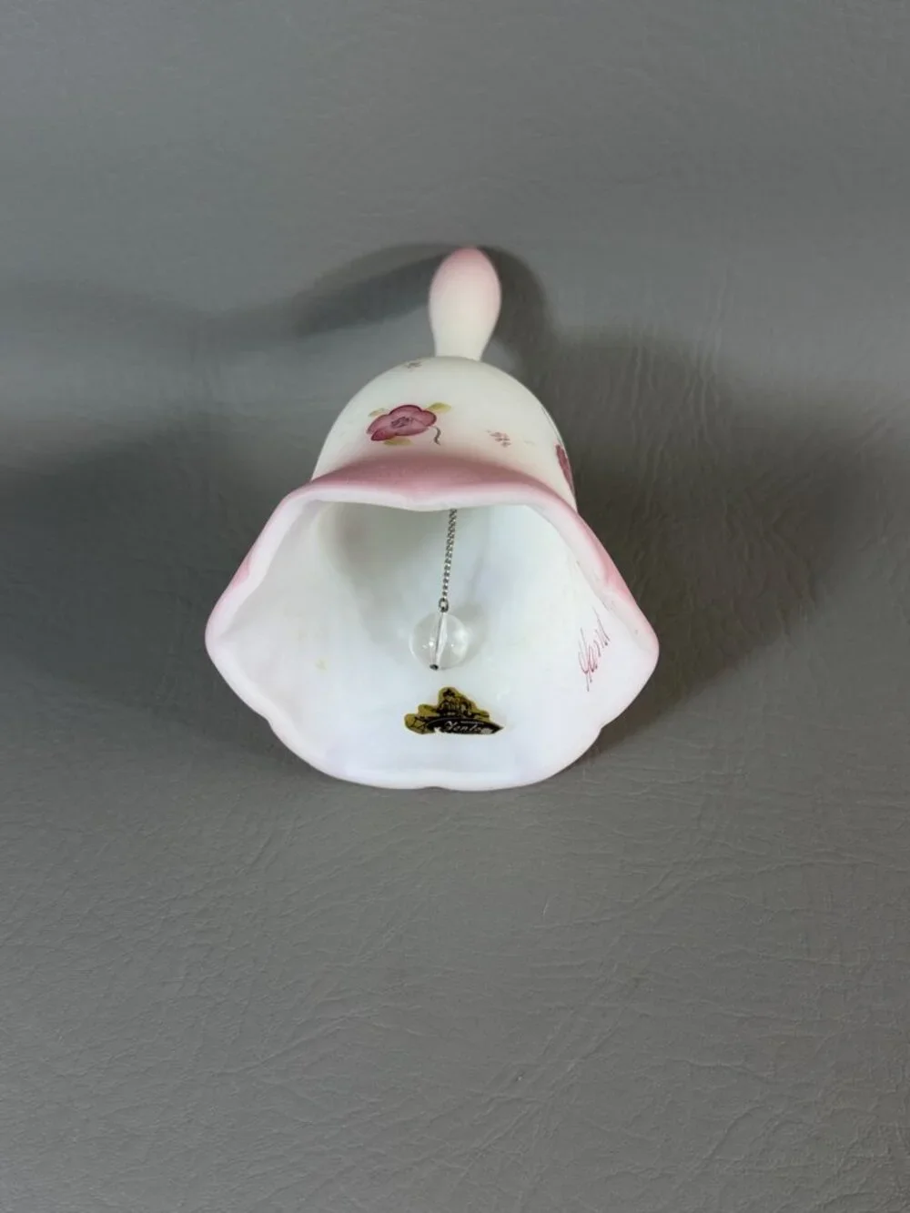 Vintage Fenton Art Glass Bell Hand-Painted Floral Signed C. Smith Pink Satin